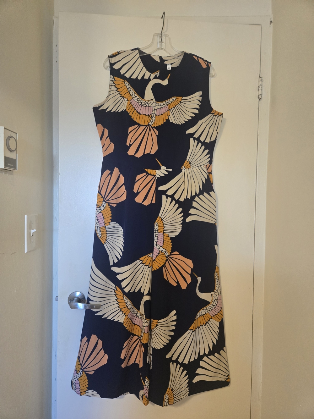 Sleeveless Navy Crane-Print Midi Dress - Navy/Pink/Cream